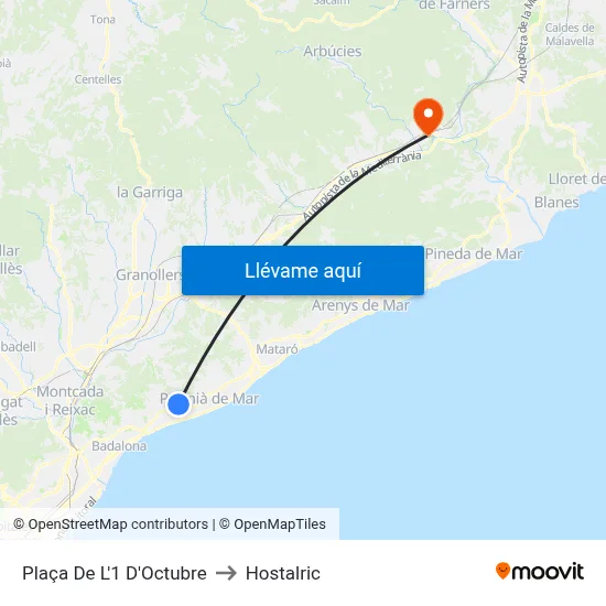 Plaça De L'1 D'Octubre to Hostalric map