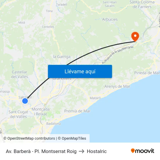Av. Barberà - Pl. Montserrat Roig to Hostalric map