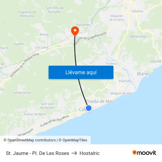 St. Jaume - Pl. De Les Roses to Hostalric map