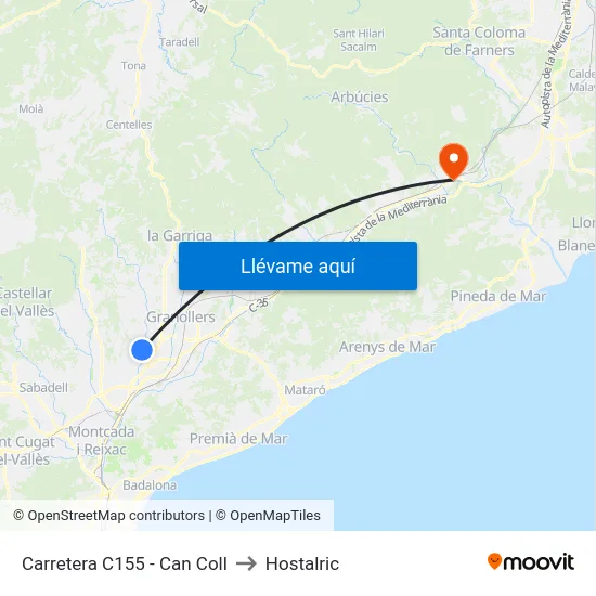 Carretera C155 - Can Coll to Hostalric map