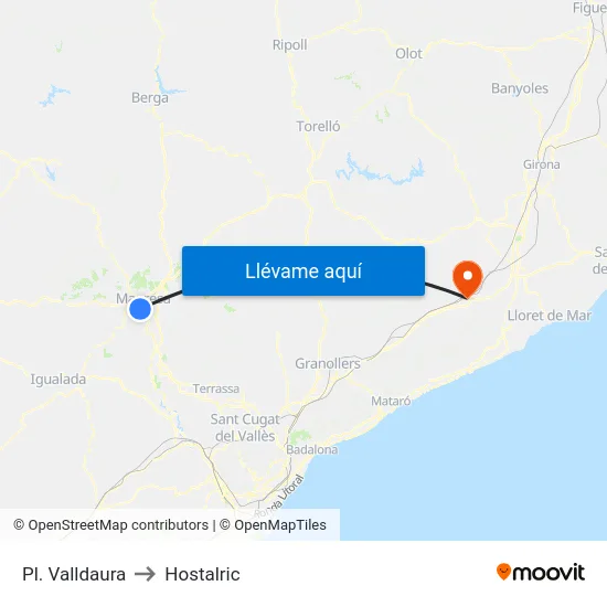 Pl. Valldaura to Hostalric map