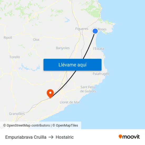 Empuriabrava Cruïlla to Hostalric map