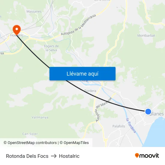 Rotonda Dels Focs to Hostalric map