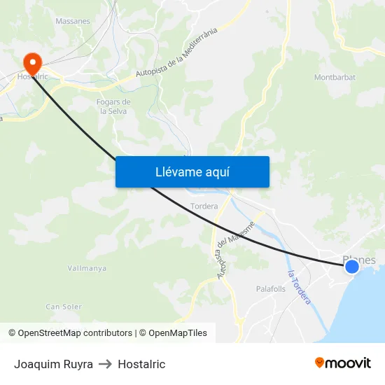 Joaquim Ruyra to Hostalric map