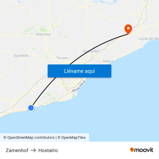 Zamenhof to Hostalric map