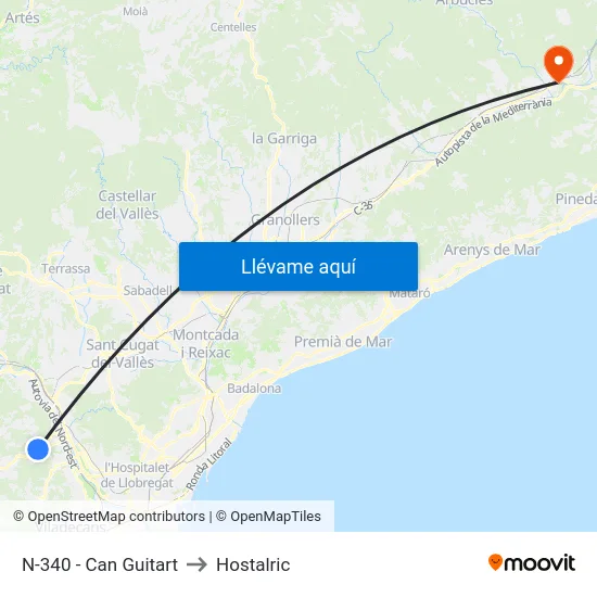N-340 - Can Guitart to Hostalric map