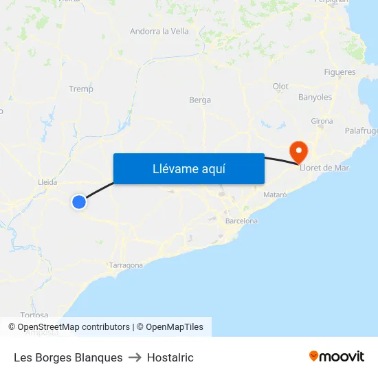Les Borges Blanques to Hostalric map