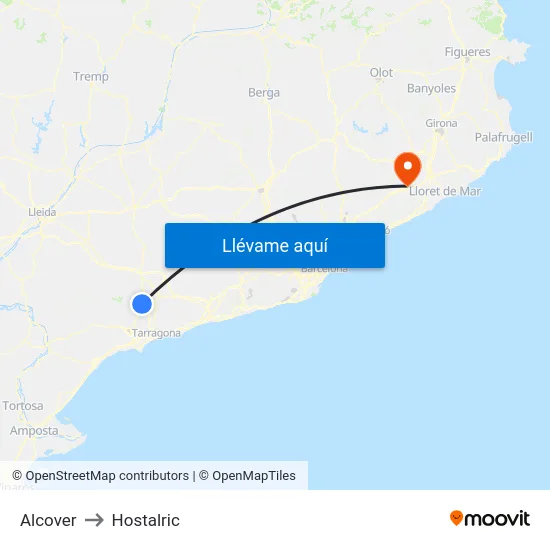 Alcover to Hostalric map