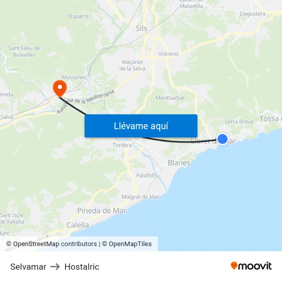 Selvamar to Hostalric map