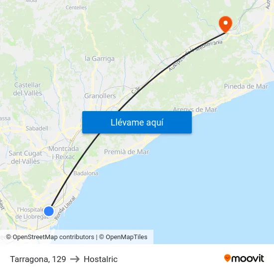 Tarragona, 129 to Hostalric map