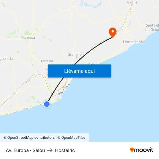 Av. Europa - Salou to Hostalric map