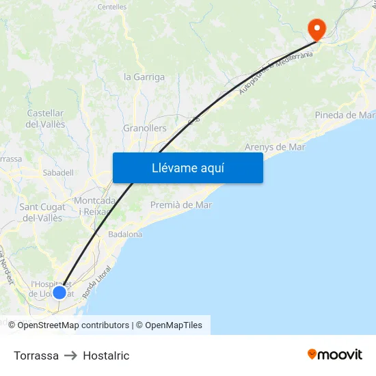 Torrassa to Hostalric map