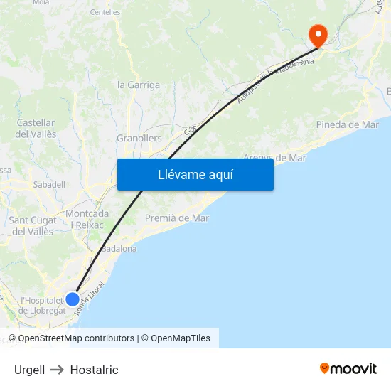 Urgell to Hostalric map