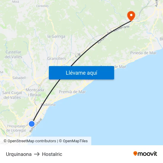 Urquinaona to Hostalric map