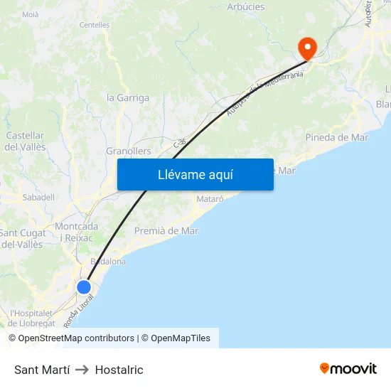 Sant Martí to Hostalric map