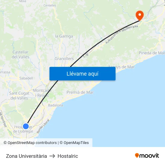 Zona Universitària to Hostalric map