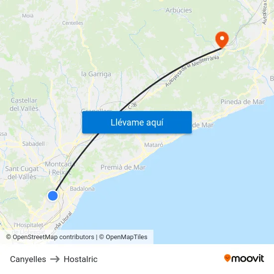 Canyelles to Hostalric map
