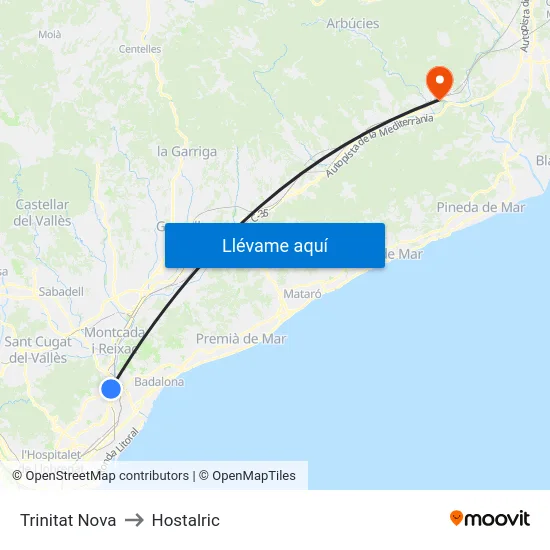 Trinitat Nova to Hostalric map