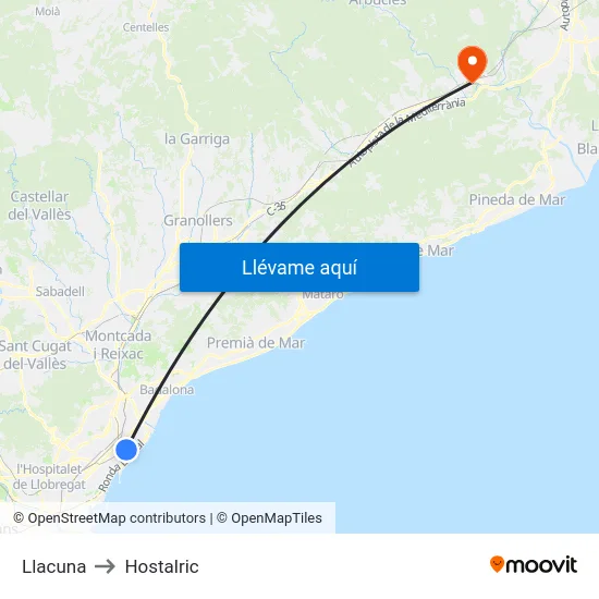 Llacuna to Hostalric map