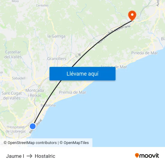 Jaume I to Hostalric map