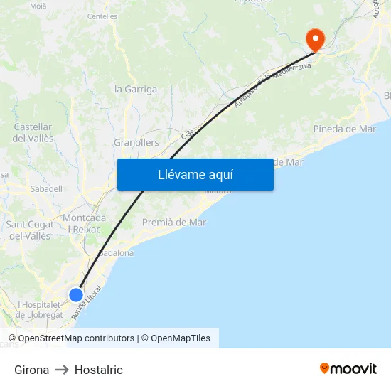 Girona to Hostalric map