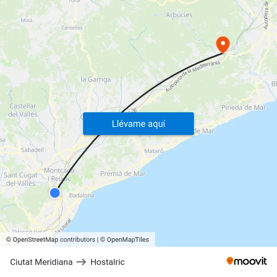 Ciutat Meridiana to Hostalric map