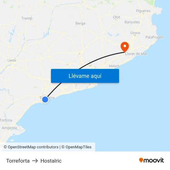 Torreforta to Hostalric map