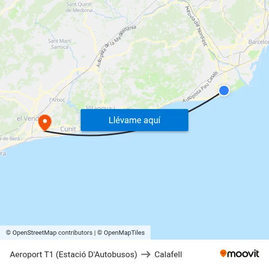 Aeroport T1 (Estació D'Autobusos) to Calafell map