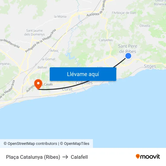 Plaça Catalunya (Ribes) to Calafell map