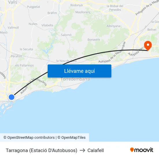Tarragona (Estació D'Autobusos) to Calafell map