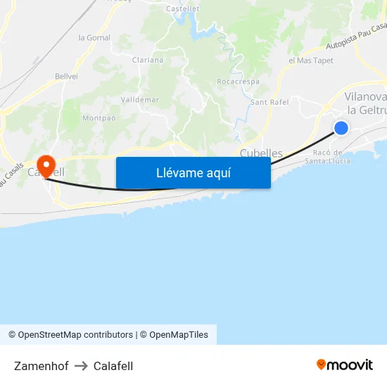 Zamenhof to Calafell map