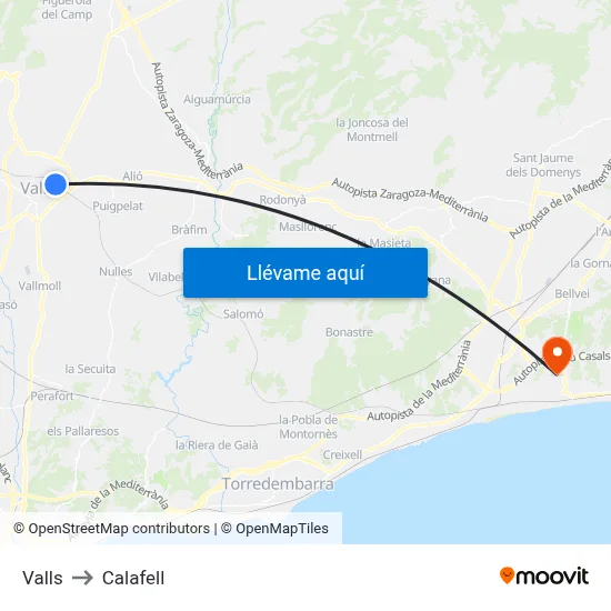Valls to Calafell map