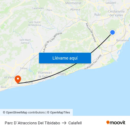 Parc D`Atraccions Del Tibidabo to Calafell map