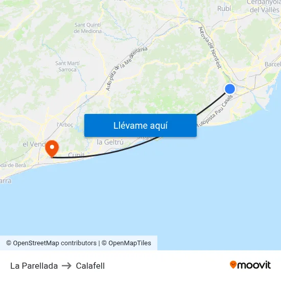 La Parellada to Calafell map