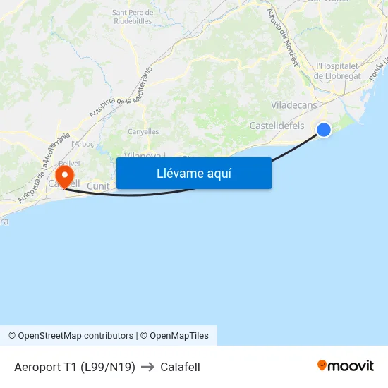 Aeroport T1 to Calafell map