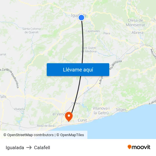 Igualada to Calafell map