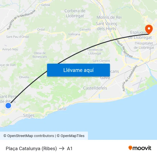 Plaça Catalunya (Ribes) to A1 map