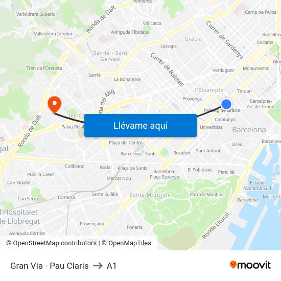Gran Via - Pau Claris to A1 map