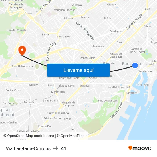 Via Laietana-Correus to A1 map