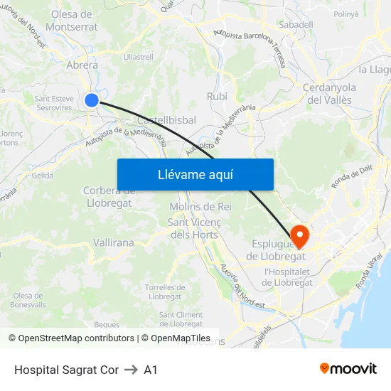 Hospital Sagrat Cor to A1 map