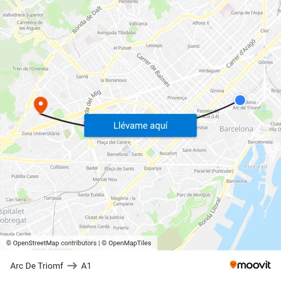 Arc De Triomf to A1 map