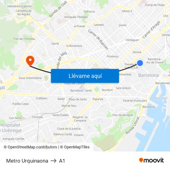 Metro Urquinaona to A1 map