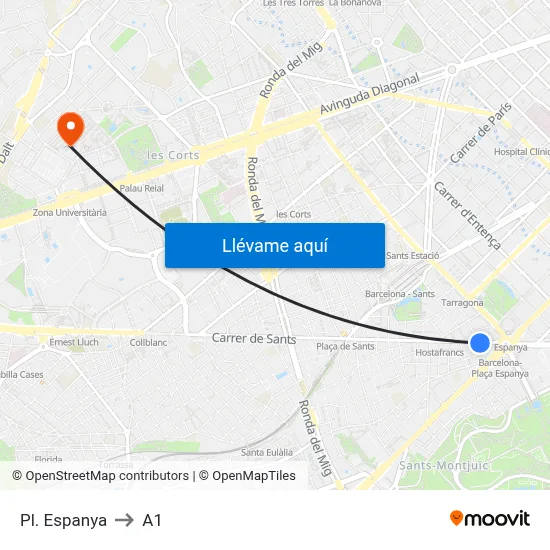 Pl. Espanya to A1 map