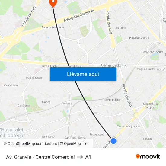 Av. Granvia - Centre Comercial to A1 map