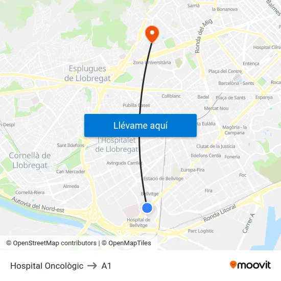 Hospital Oncològic to A1 map