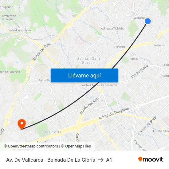 Av. De Vallcarca - Baixada De La Glòria to A1 map