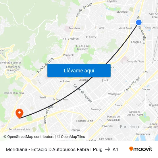 Meridiana - Estació D'Autobusos Fabra I Puig to A1 map