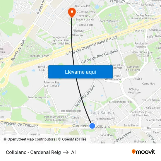 Collblanc - Cardenal Reig to A1 map