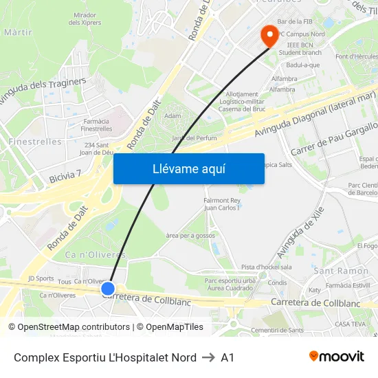 Complex Esportiu L'Hospitalet Nord to A1 map