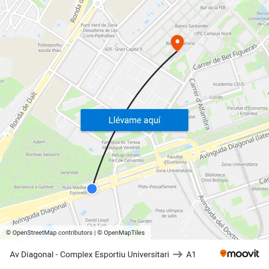 Av Diagonal - Complex Esportiu Universitari to A1 map